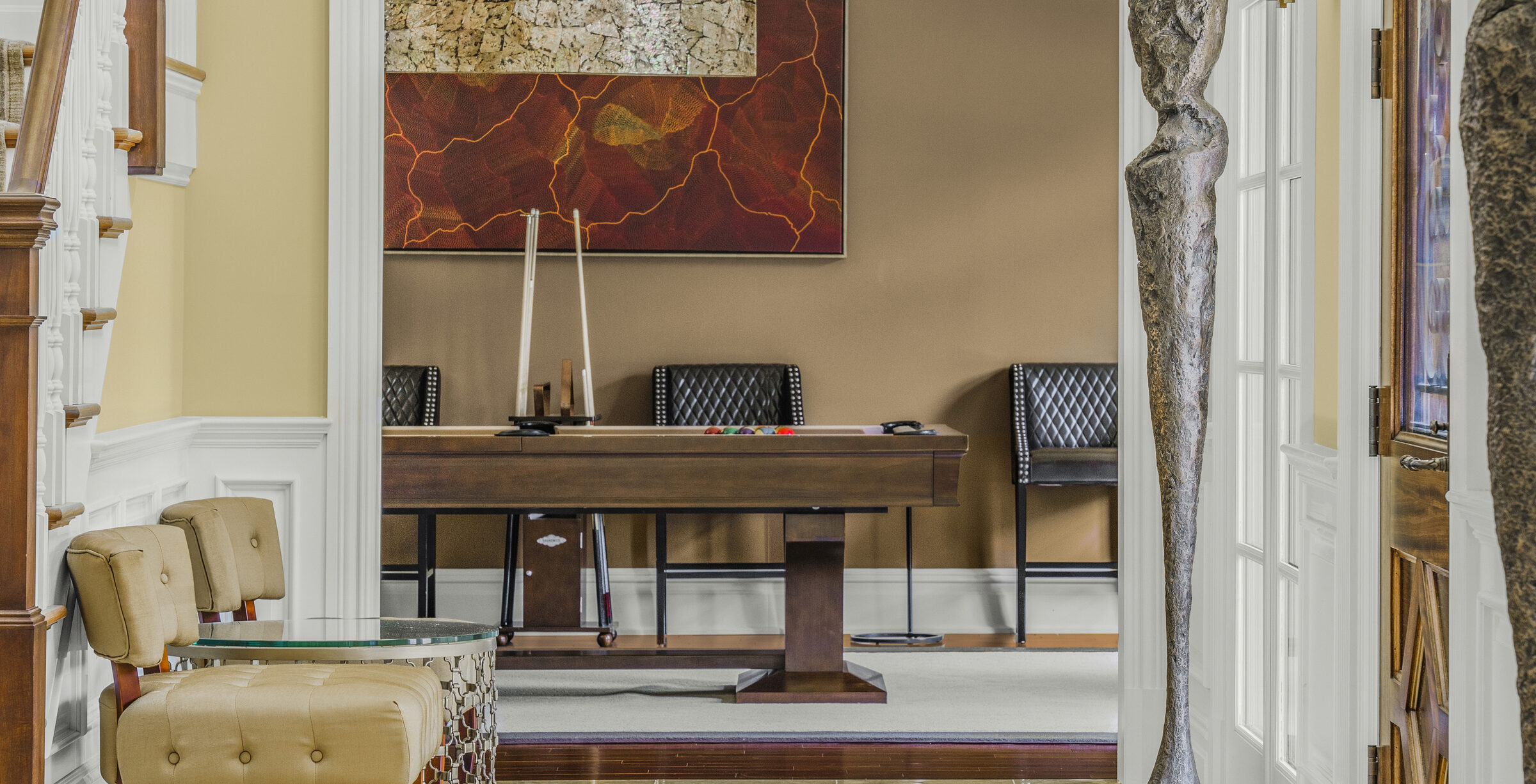 Billiards room with refined millwork at 1315 Canal Road, Princeton